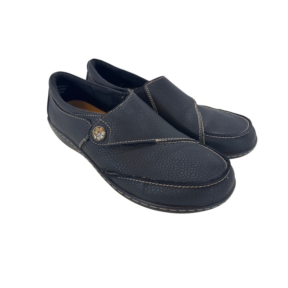 Geoeleph Black Leather Comfort Loafers Womens 9.5 Slip On Shoes Contrast Stitch